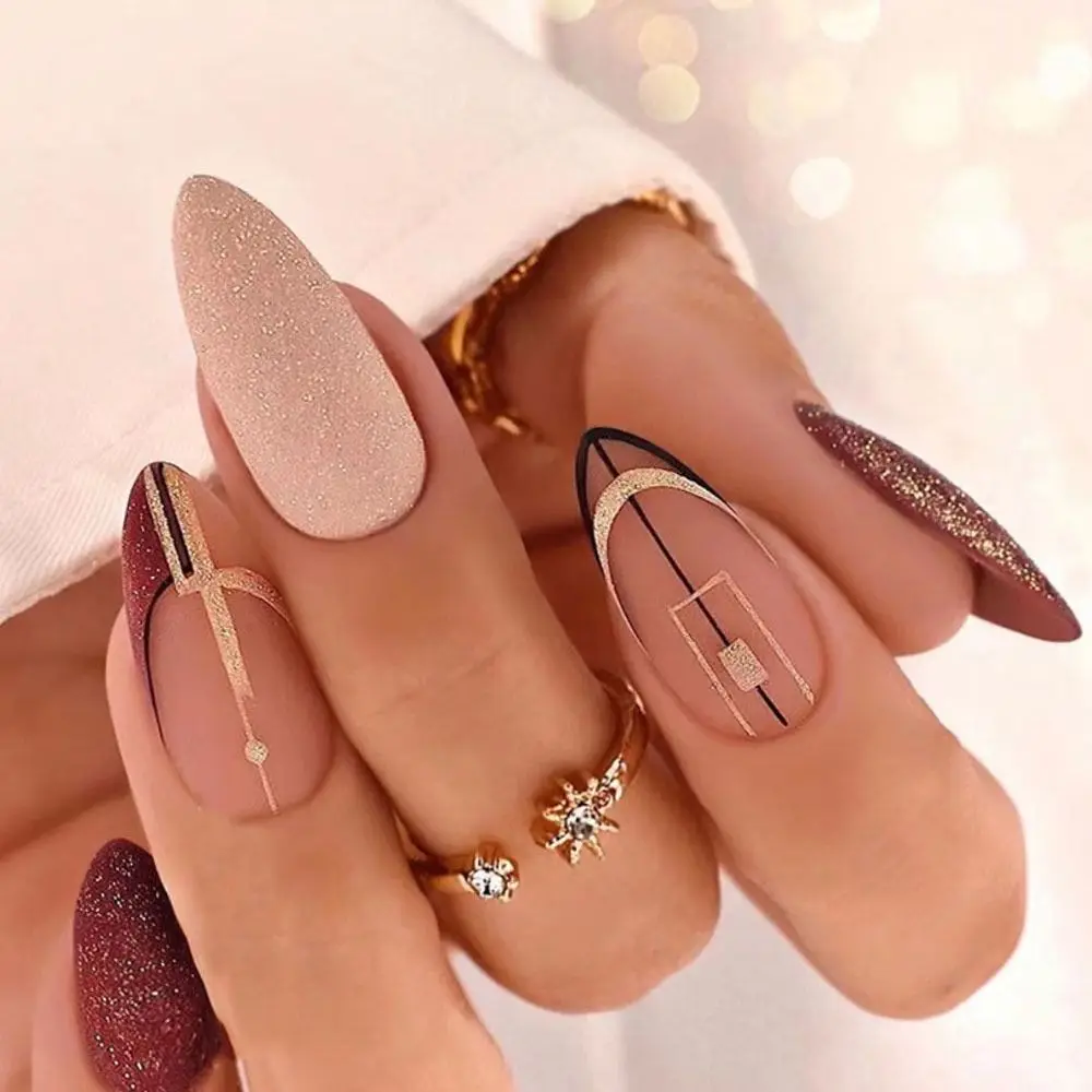 

24pcs DIY Detachable Deep Red Glitter Black Lines Press on Nails Frosted French Almond Fake Nails Long