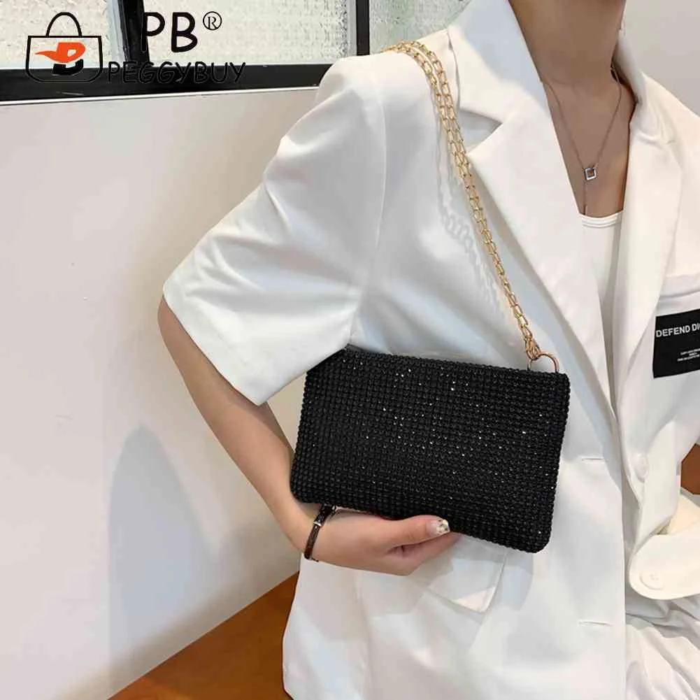 

Women Wedding Party Clutch Phone Pouch Fashion Rhinestones Shoulder Bags Ladies Chain Crossbody Bags Solid Color Small Handbags