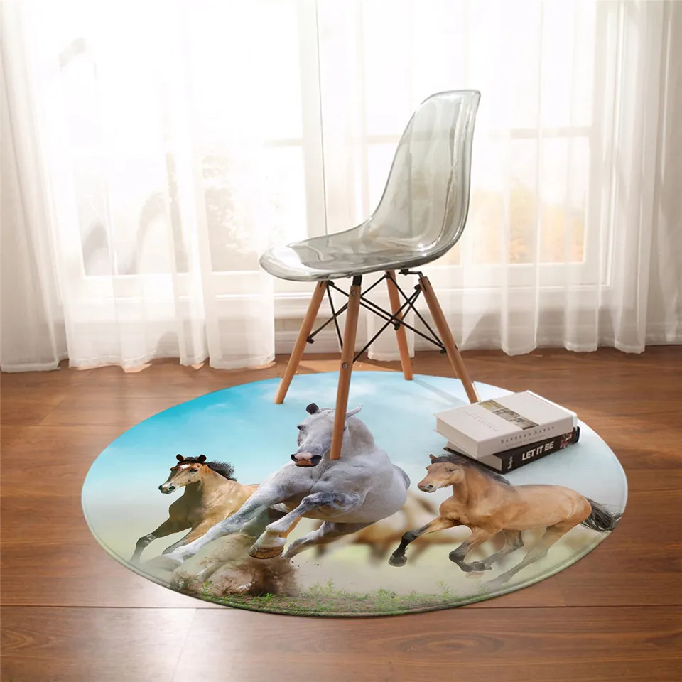 

3D Animal Floor Mat Dreamcatcher Round Carpet Galloping Wild Horse Area Rugs Butterfly Non-slip Yoga Mat