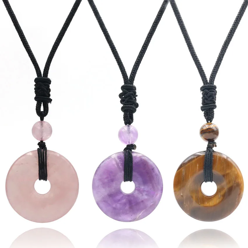 

Vintage Hollow Circle Healing Natural Stone Amulet Lucky Pendant Necklaces for Men Women Jewelry Adjustable Black Rope Chain