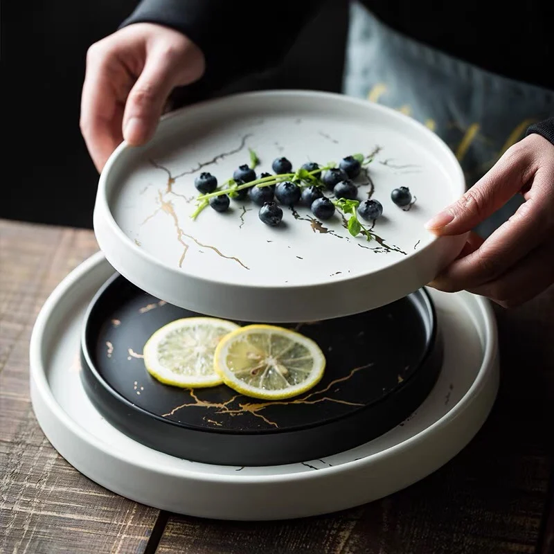 

Marble Plate Black and White Ceramic Steak Plate Household Round Porcelain Fruit Dessert Snack Dishes Hotel Restaurant Tableware