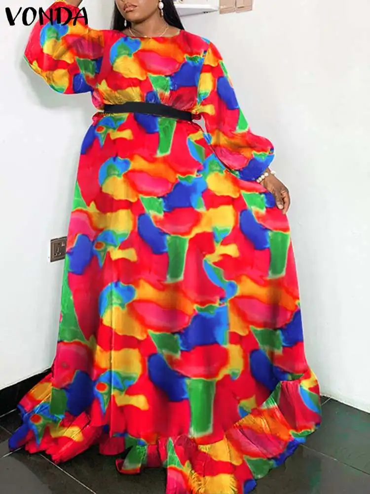 

Длинное платье VONDA 2023, Осеннее Женское Платье макси с цветочным принтом и рукавами-фонариками, повседневное свободное платье с поясом, вечер...