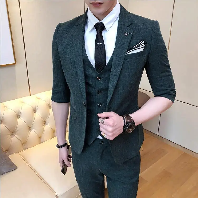 

(Jacket+Vest+Pants) Men's Wedding Dress 2022 New Style Mens Fashion Wool Suit Men Short Sleeve Wedding Suits Man Three Pieces