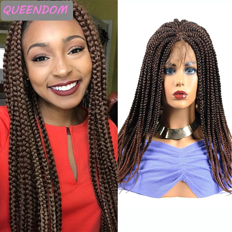 Brown Box Braid Lace Front Wig 18 '' Box Braided Lace Wig for Black Women Ombre Synthetic Box Braids with Baby Hair Cosplay Wigs