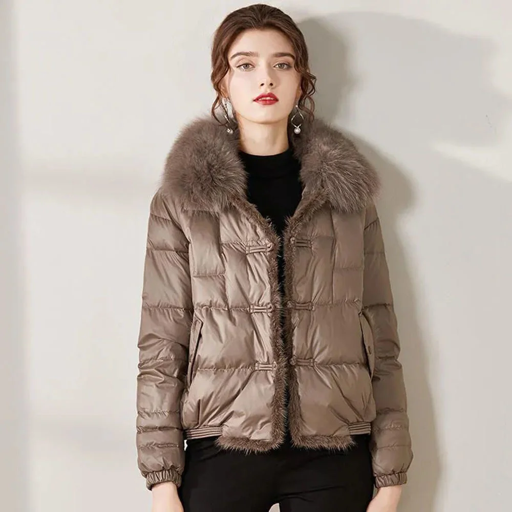 Fox Fur Collar Real Winter Women 90% White Duck Down Jacket Ladies Short Warm Puffer Coat Female Loose Vintage Parka 2023