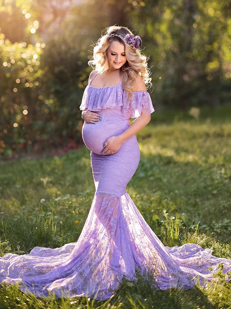 Mermaid Maternity Lace Gown Pregnant Women Off Shoulder Strap Ruffles Maxi Photography Dress Elegant Pregnancy Dress Photo Prop
