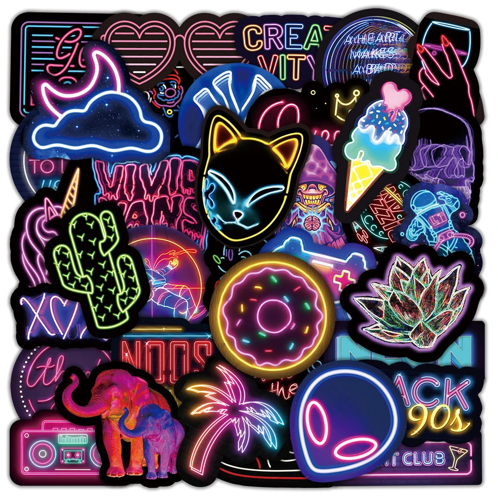 

50pcs Neon Personality Cartoon Creative Motorcycle Computer Skateboard Trolley Luggage Suitcase Decoration Waterproof Stickers