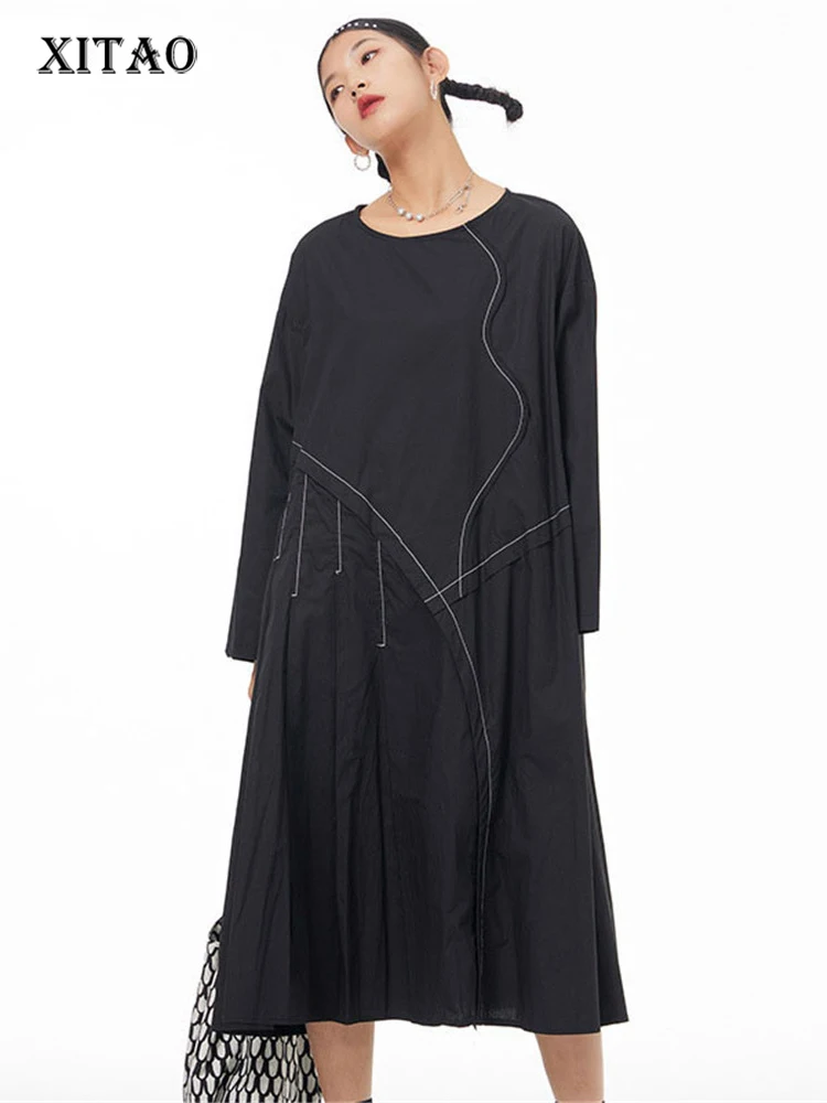 

XITAO Solid Color Simplicity Dresses Fashion Patchwork Bright Line Decoration Casual O-neck Pullover Loose Women GWJ2204
