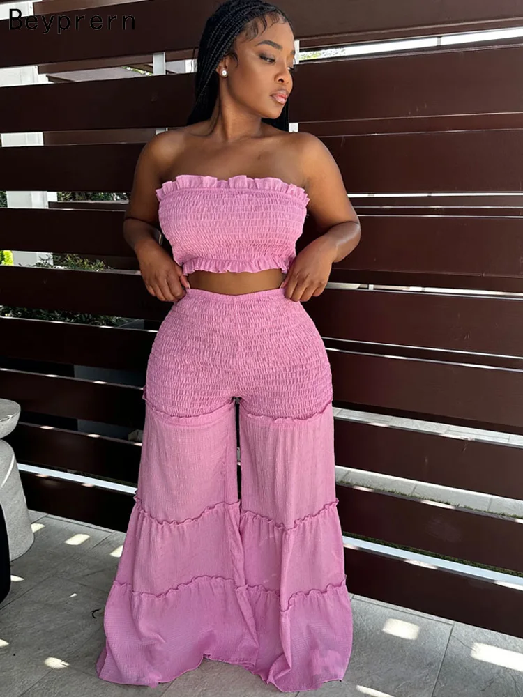 

Beyprern New Chic Ruffles Details Crop Top And Wide Legs Pants Set Festival Outfits Cute Womens Pleated Matching Set Clubwear