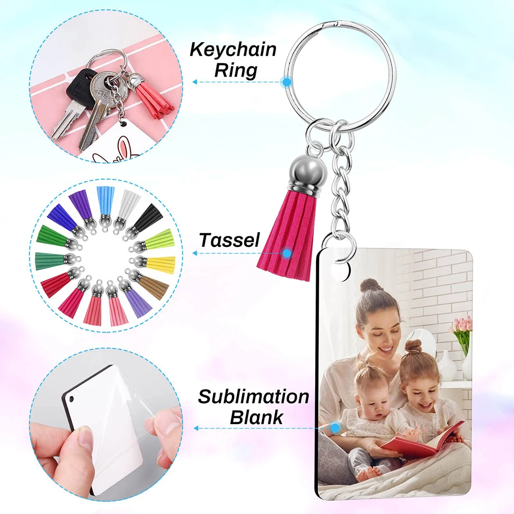 120pcs Sublimation Keychain Blanks Set with Keychain Tassels Keychain Rings&Jump Rings For DIY Keychain Crafting