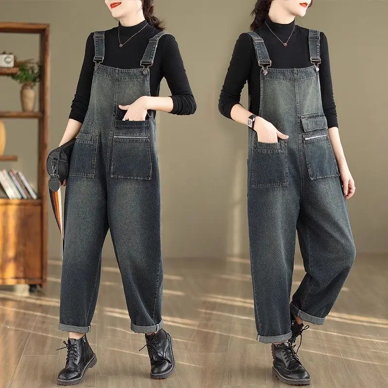 Модные джинсовые брюки на бретельках женский комбинезон в стиле ретро