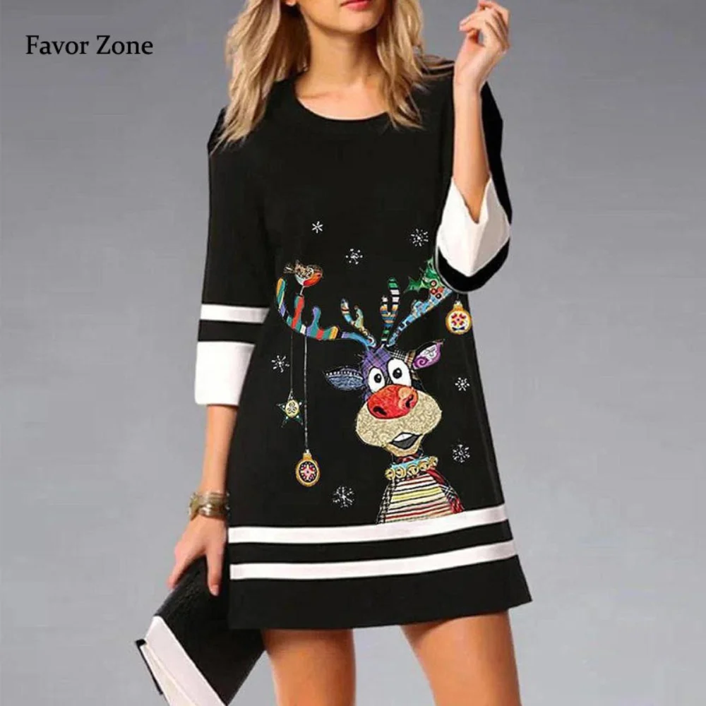 Купи Christmas Mini Dress Women 2022 Sexy Three Quarter Sleeve Mini Dress Autumn Winter Casual Christmas Tree Deer Print Dresses за 1,041 рублей в магазине AliExpress