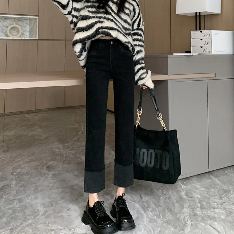 2023 Black Rolled-up Straight Jeans Women's High Waist Spring New Style Slim Cropped Pipe Pants Trendy Baggy STRAIGHT Fleece