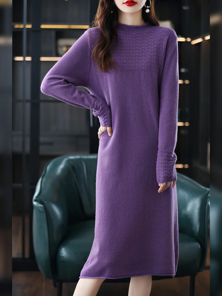 2022 New 100% Wool Rolled O-Neck Women Long Dress Cuff Jacquard Deco Straight Solid Color Winter Dress Soft Knitwear Sweaters