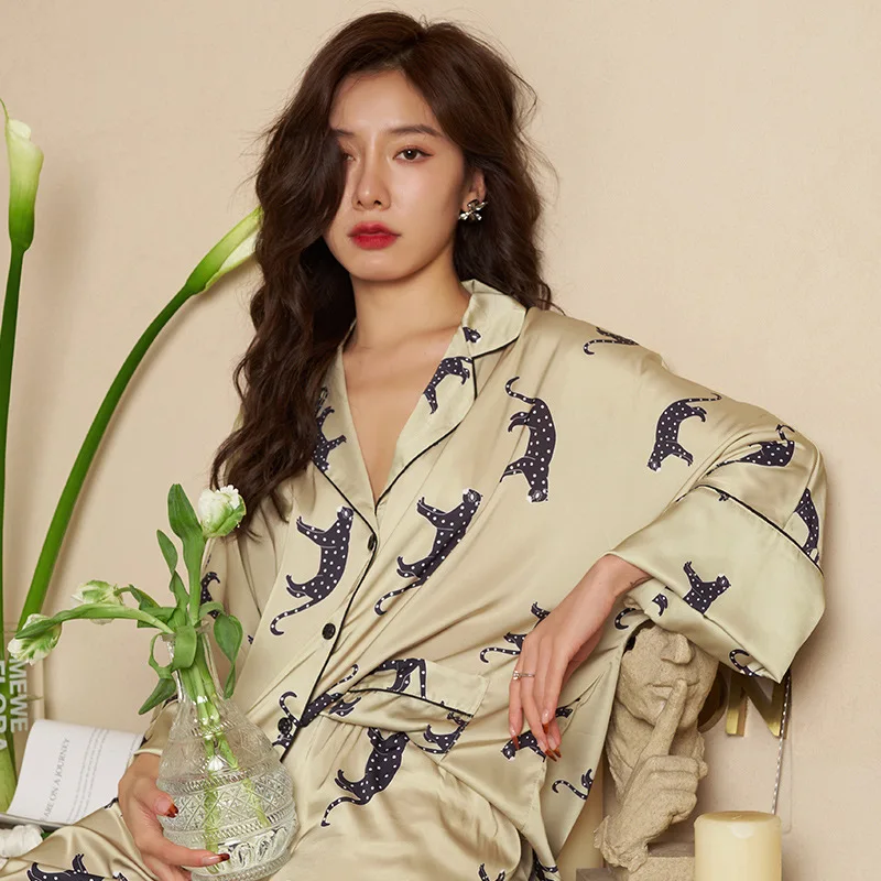 Luxury Ladies Homewear Silk Print Long Sleeve Ladies Pajama Set 2 Pieces With Pant Summer Spring Satin Pyjama For Female 2022