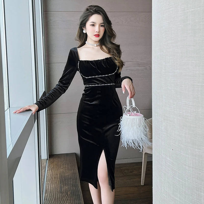 

Женское бархатное платье средней длины, элегантное вечернее платье с квадратным вырезом и жемчужинами в корейском ретро-стиле, бархатное п...