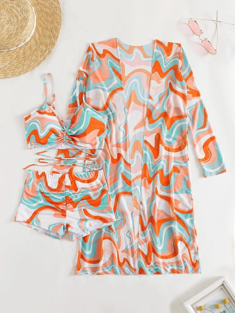 

3 шт., женский купальник с пуш-ап и длинным рукавом