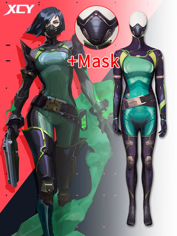 

Женский комбинезон Viper Valorant, костюм для косплея с маской для лица, Женское боди, костюм на Хэллоуин, змея, Сабин ассасин