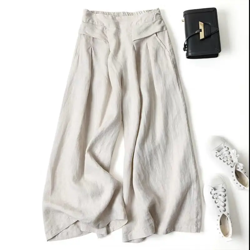 

2022Cotton And Linen Wide Leg Pants Plus Size Art Style Elastic Waistline Loose Casual Pants Fashion All-match Nine-minute Pants