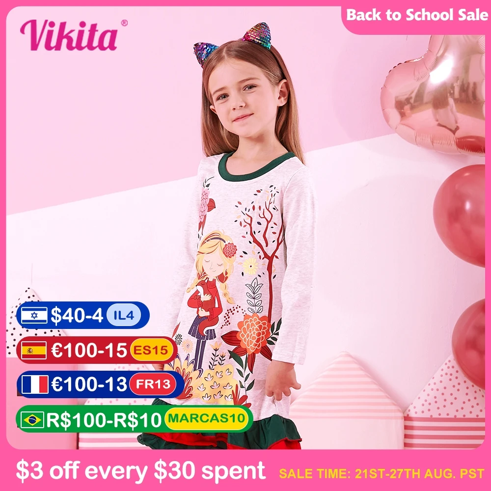 

VIKITA Girls Striped Dress Cute Appliqued Girl Cotton Dresses for Kids Clothes Long Sleeve Casual Clothing 3-12 Years