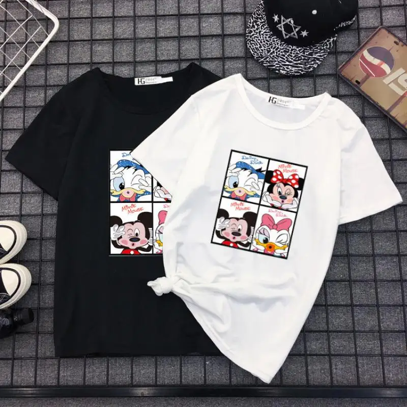 

Kawaii Disney Микки, Минни, Дональд утка мультфильм футболка лето 2022 Новый Свободный Белый Топ Ins Мода Половина рукава нижняя рубашка