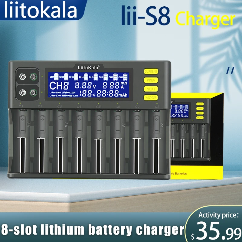 

LiitoKala Lii-S8 LCD Battery Charger Li-ion 3.7V NiMH 1.2V Li-FePO4 3.2V IMR 3.8V for 18650 26650 21700 26700 18350 AA AAA 9V