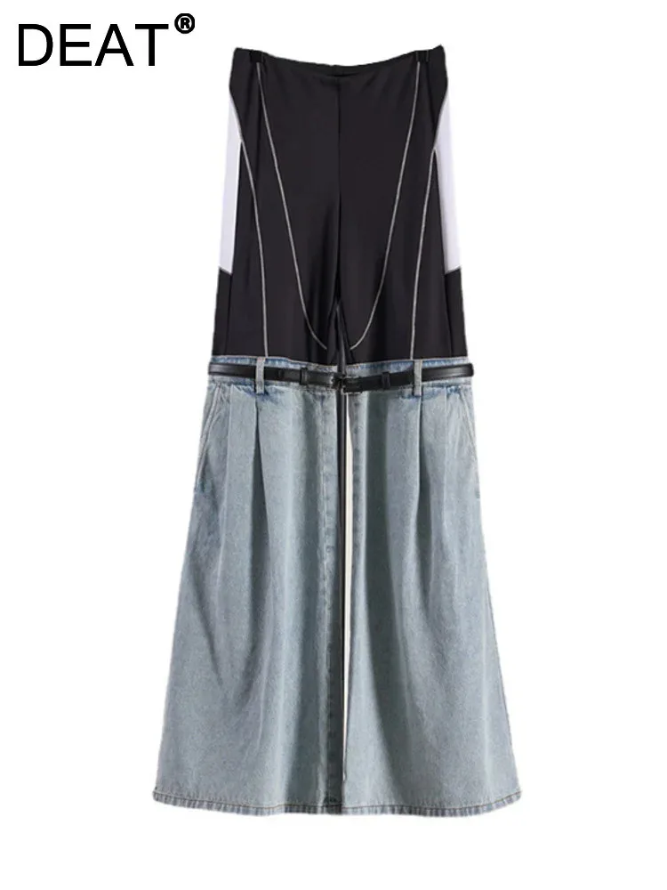 

DEAT Women Jeans Elastic Waist Contact Color White Line Patchwork Belt Design Denim Flare Pants 2023 Winter New Fashion YX018105