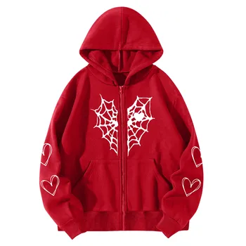 Harajuku Y2k Women Hoodie Autumn Gothic Heart Spider Web Aesthetic Sweatshirt Korean Style Zip Up Long Sleeve Hoodie Jacket Coat 1