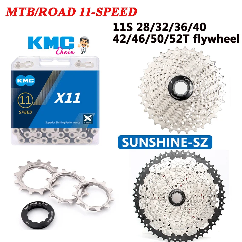 

Велосипедная кассета SUNSHINE 11 в, 11 скоростей, 28/32/36/40/42/46/50/52T, велосипедное свободное колесо, Звездочка для горного велосипеда KMC X11, комплект свободного колеса/цепи