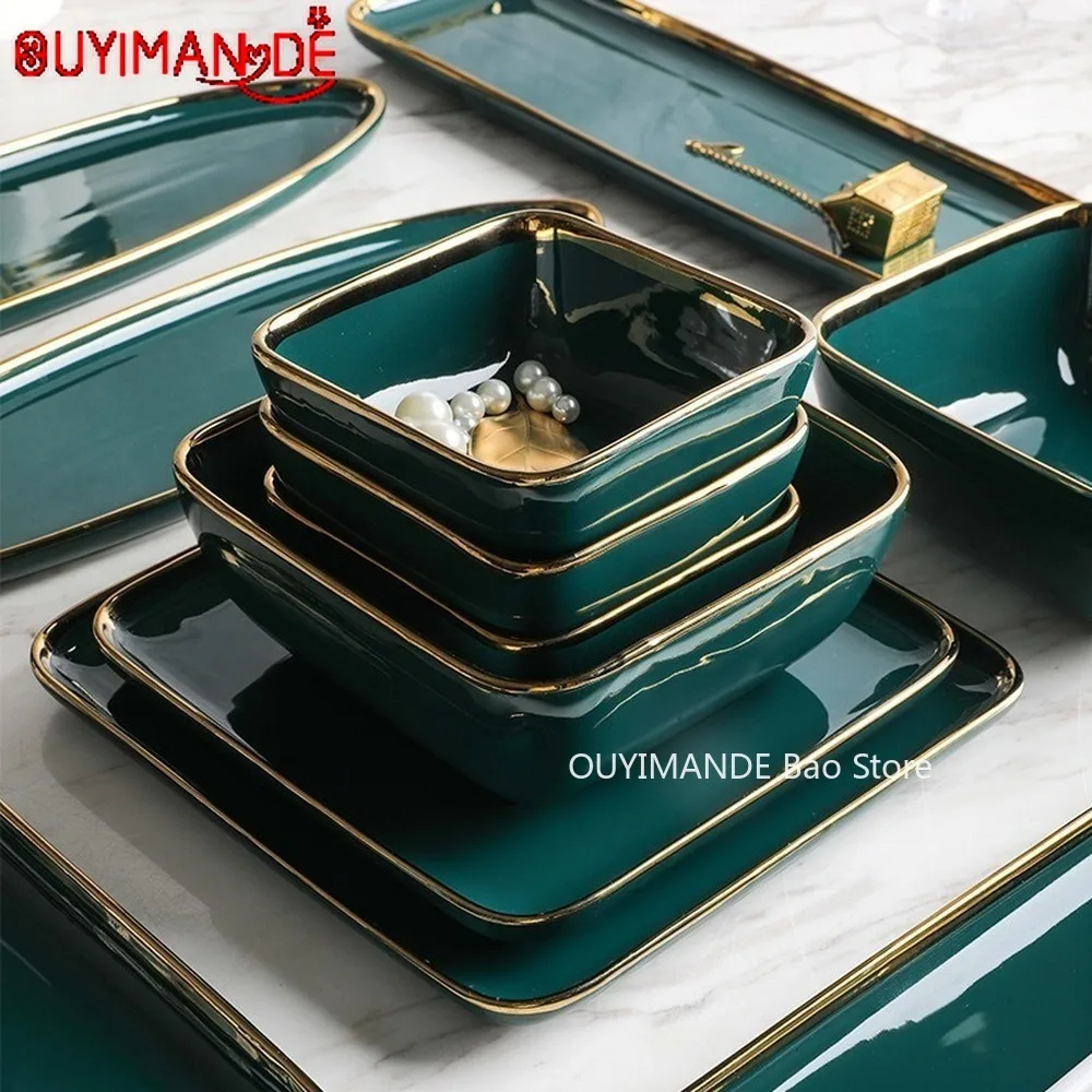 

Tableware Green Ceramic Dinner Set Gold Inlay Porcelain Dessert Plate Steak Snack Cake Plate Salad Soup Rice Bowl Wholesale