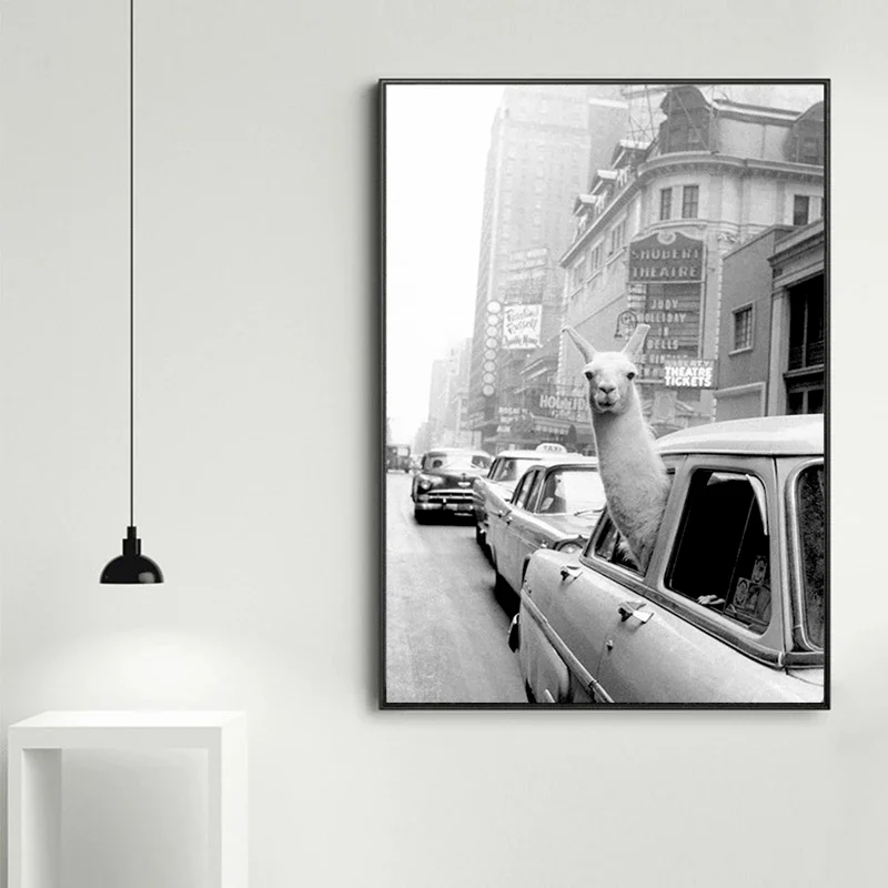 Забавная лама-альпака в Нью-Йорк, такси, животное, холст, живопись, плакаты и принты, настенное искусство, картины для гостиной