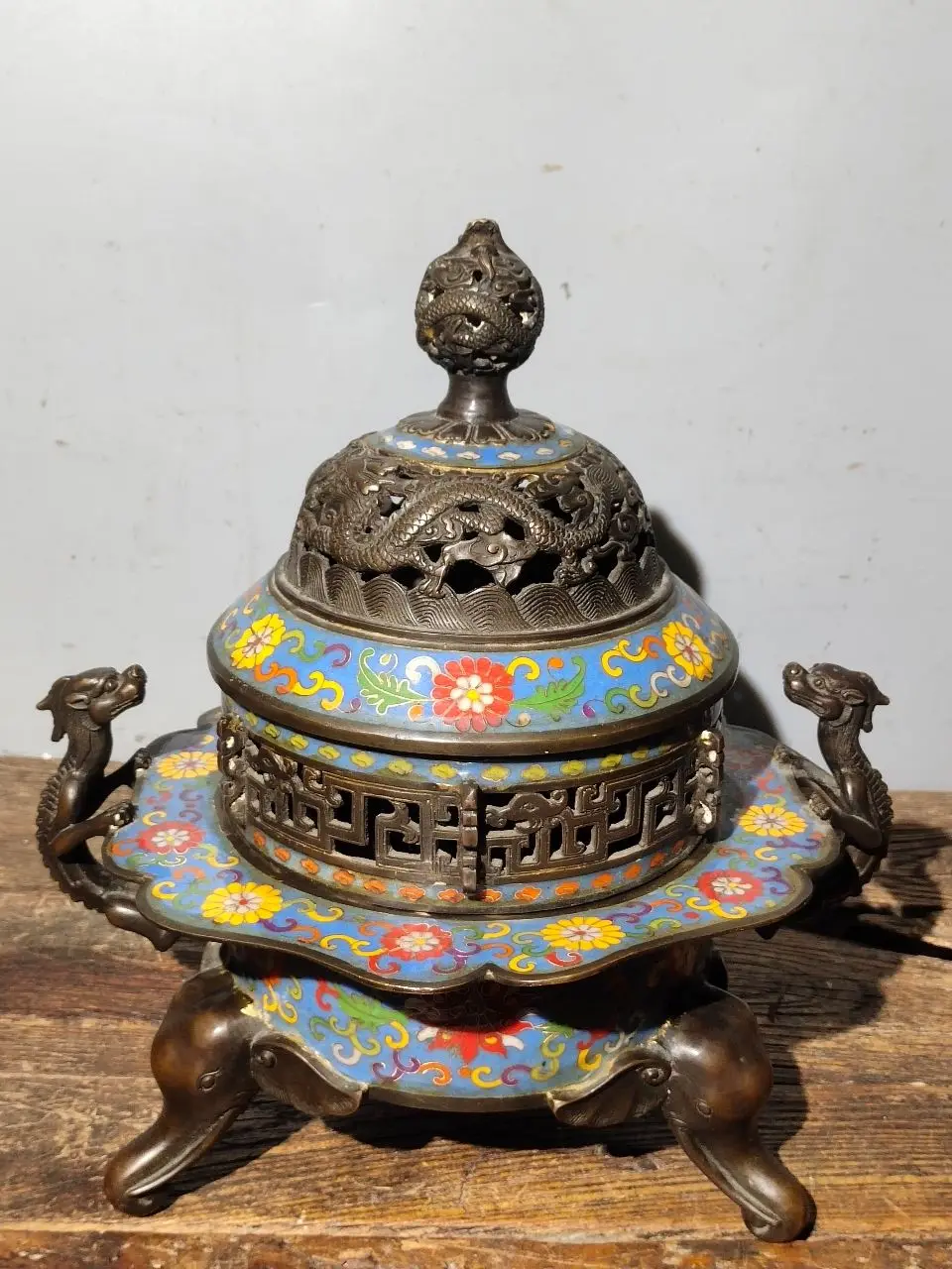 

15"Tibetan Temple Collection Old Bronze Cloisonne Enamel Kirin Ear Elephant head three legged incense burner Worship Hall