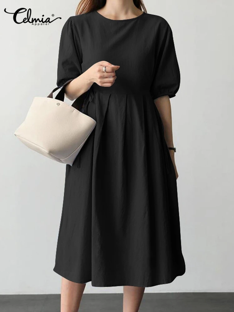 

Celmia Women Puff Short Sleeve Midi Dresses 2022 Summer Elegant Pleated Party Long Vestidos Leisure Cotton Round Neck Sundress