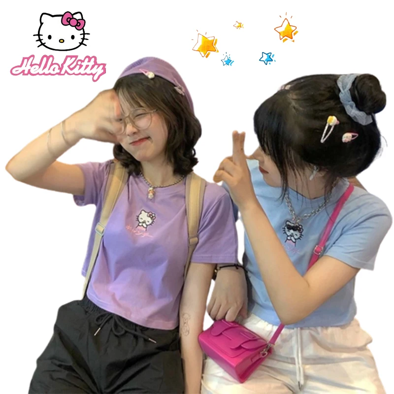 Привет, Китти Вышитая короткая футболка Мультфильм Аниме Лето Тонкая рукав Девочка Милая Студентка Универсальное платье для подруги Повседневное оно.