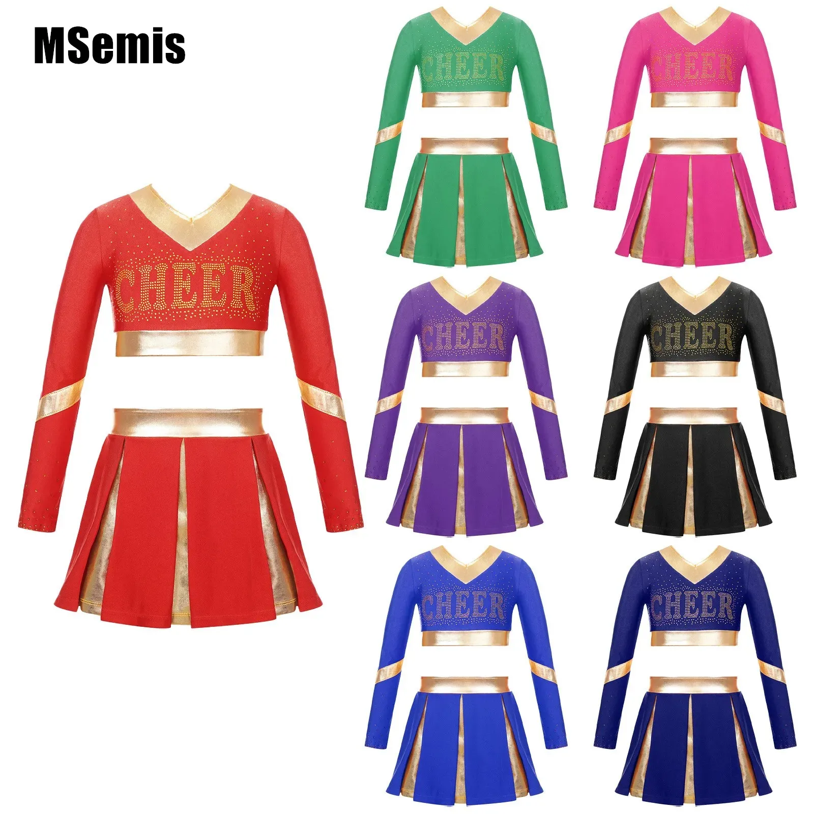 

Kids Girls Patchwork Cheerleading Dance Outfit Rhinestone Letter Print V Neckline Long Sleeve Crop Top with Pleated Skirt