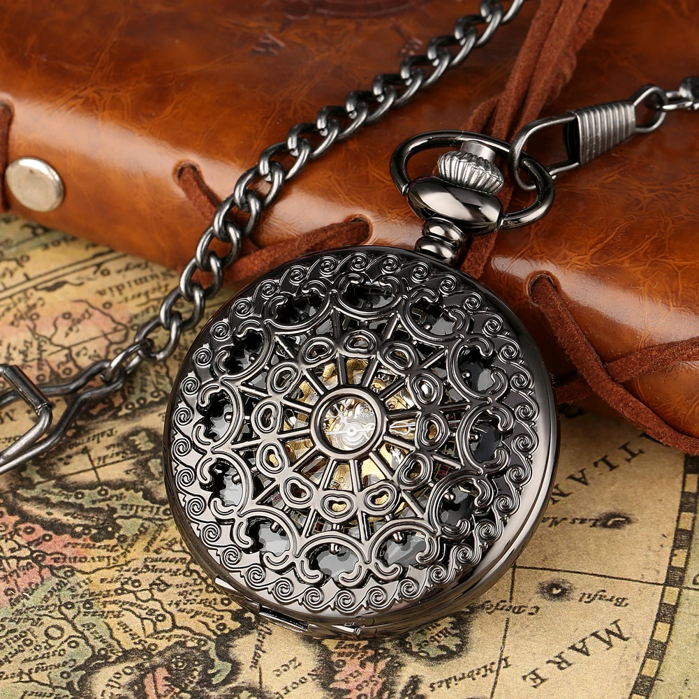 Arabic Numerals Display Manual Mechanical Pocket Watch Retro Black Spider Web Hollow Hand-Wind Pendant Man Clock Fob Chain