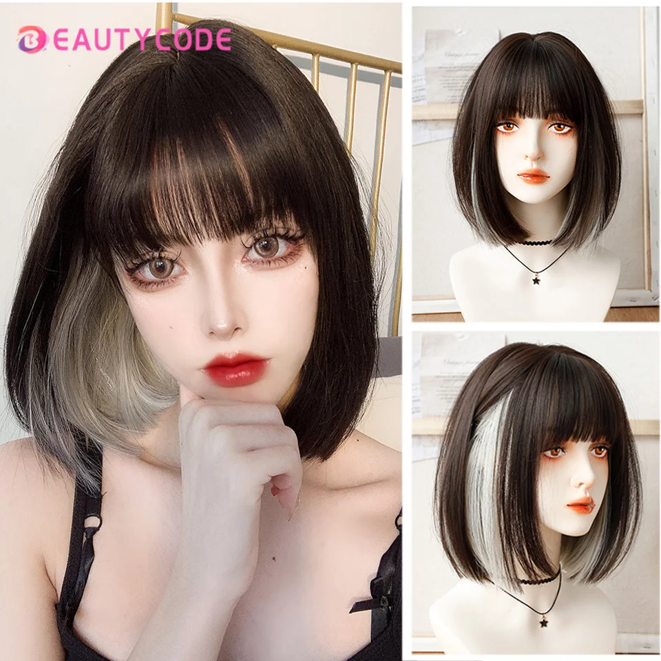 

BEAUTYCODE Synthetic Short straight hair bob wig bangs brown dyed silver pink black heat-resistant synthetic wig party