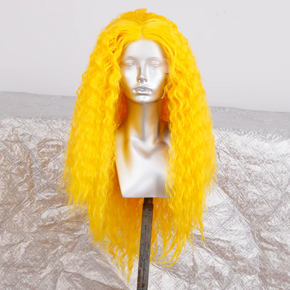 

FANXITON Yellow Synthetic Lace Wigs Kinky Curly Wigs For Black Women Heat Resistant Fiber Hair With Baby Hair Cosplay Party