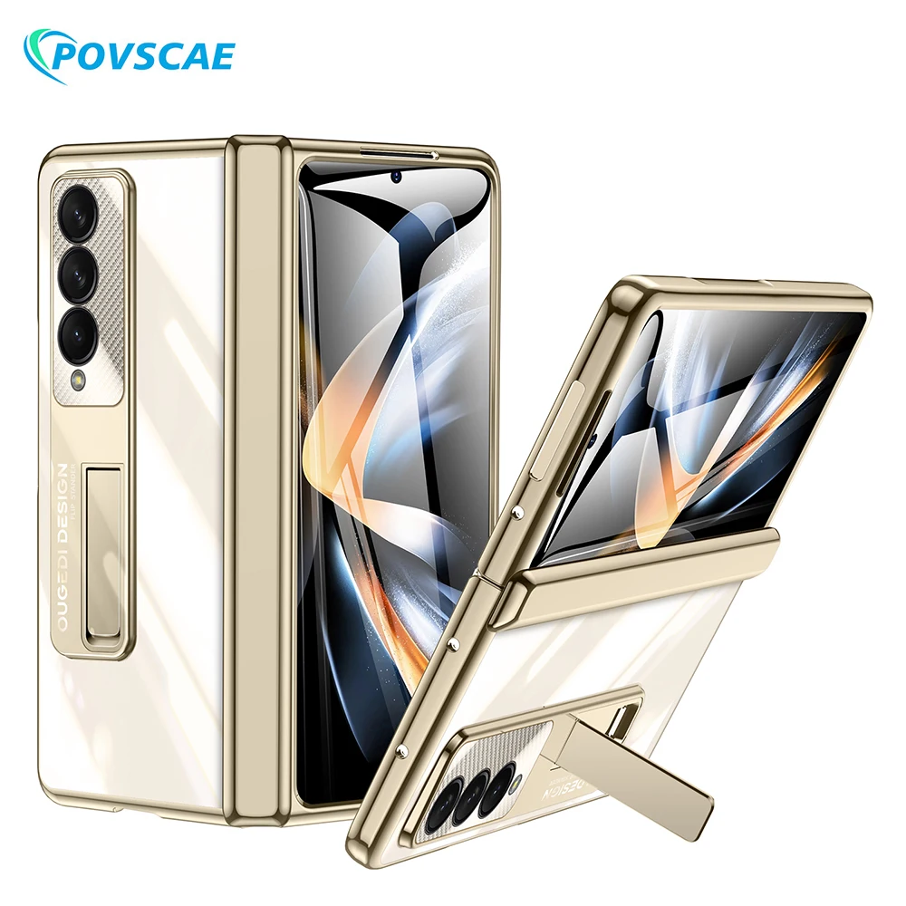 Luxury Plating Phone Case For Samsung Galaxy Z Fold 4 5G Spring Hinge Protection with Magnetic Kickstand Full Screen Protector