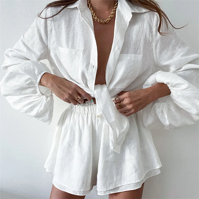 

2022 Summer Cotton Linen Women's Long-Sleeved Top Ruffled Shorts Two-Piece Casual Fashion Solid Suit European And American