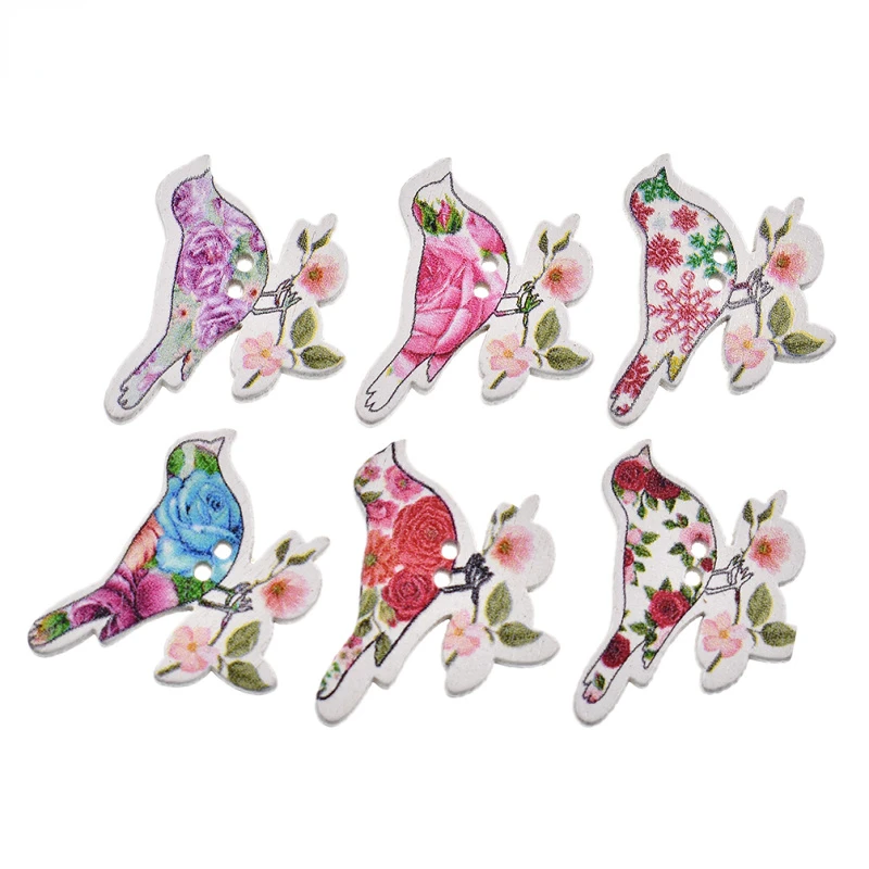 

50pcs Random 2-Holes Wooden Flower Bird Buttons Flatback Button For Sewing Scrapbooking Craft