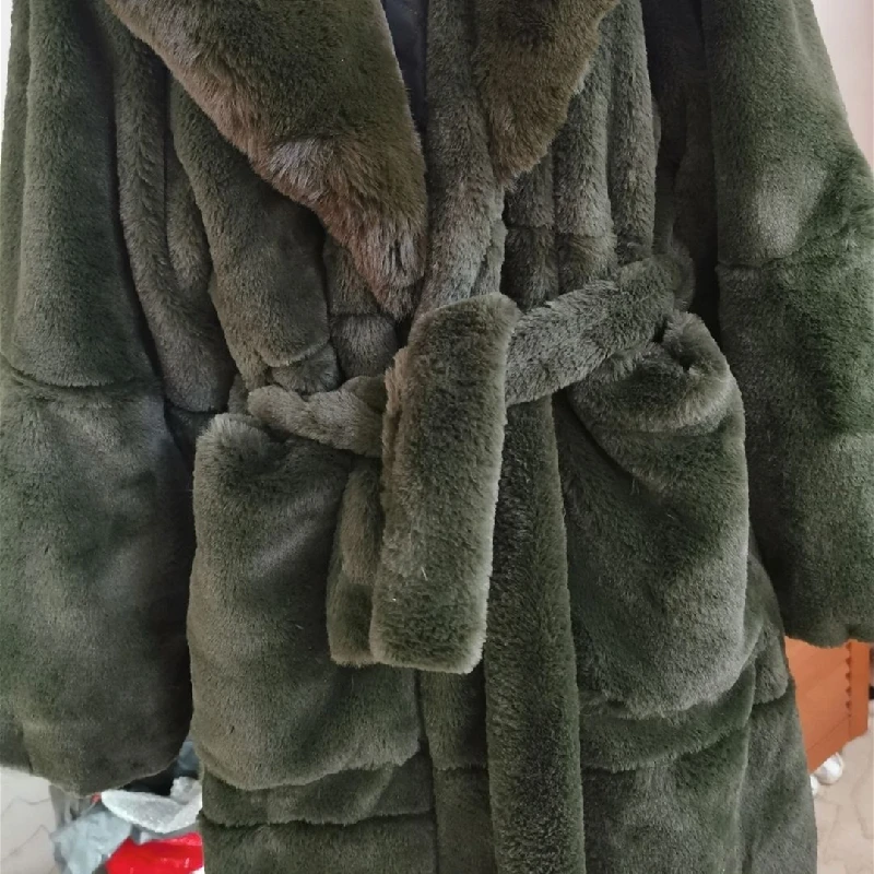 Oversize Faux Fur Coat Winter Women X-Long Fox Fur 2022 New Fashion Lapel Solid Belt Thick Warm Loose Parkas Famale Clothing Top