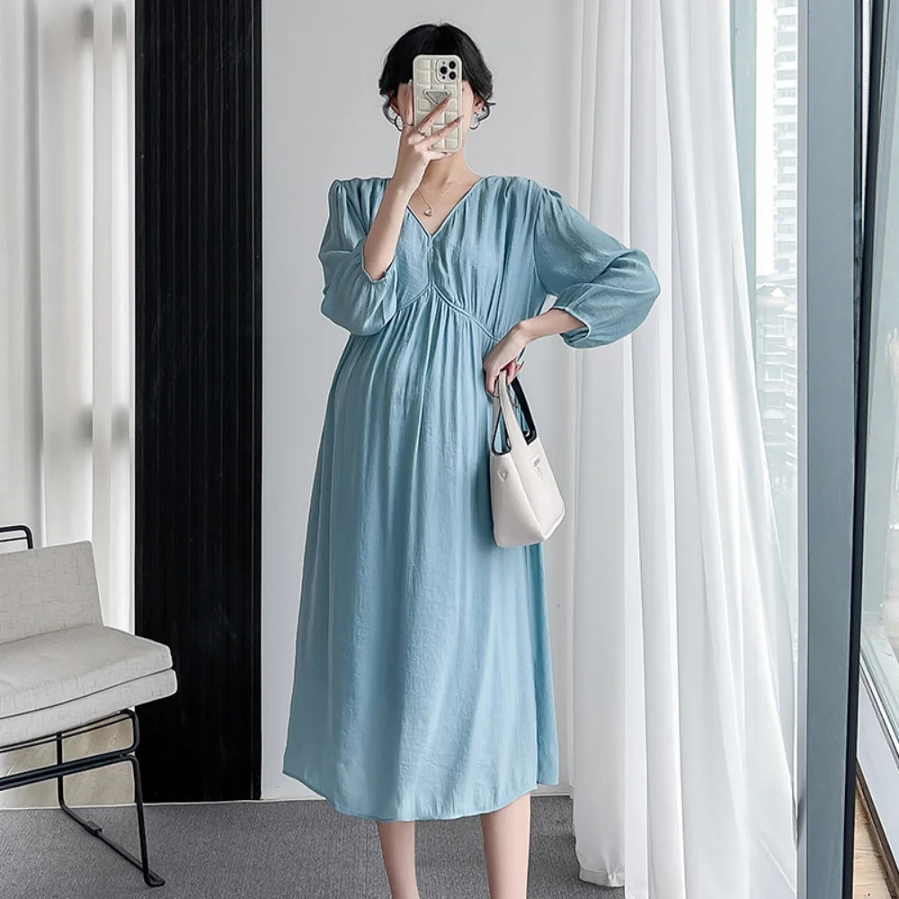 Maternity Summer Dress Seaside Holiday Clothes For Pregnant Women Cute Flare Sleeve Mid-calf  Slim pregnancy photoshoot dress enlarge