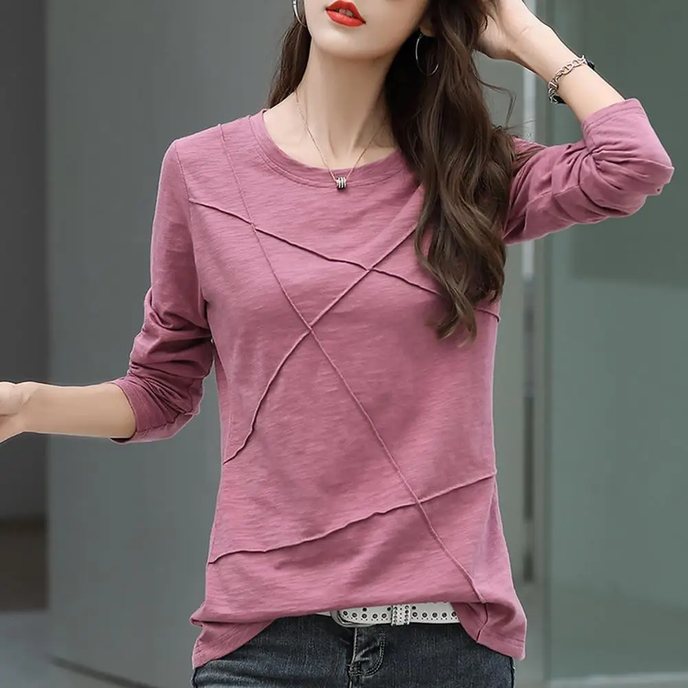 

2021 New Fashion Cotton T-Shirt Autumn Women Color Top Ladies Purple Long O-Neck Sleeve Tshirt Loose Simple Green X4C7