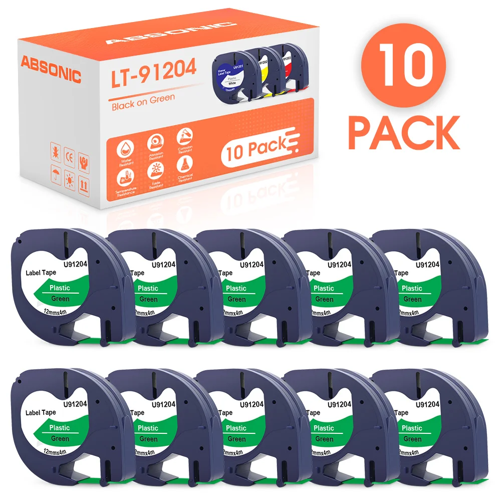 

Absonic 10PK for Dymo Letratag Label 91204 12mm Plastic LT Tapes 91224 91334 Compatible Dymo Letratag LT-100H Plus Label Maker