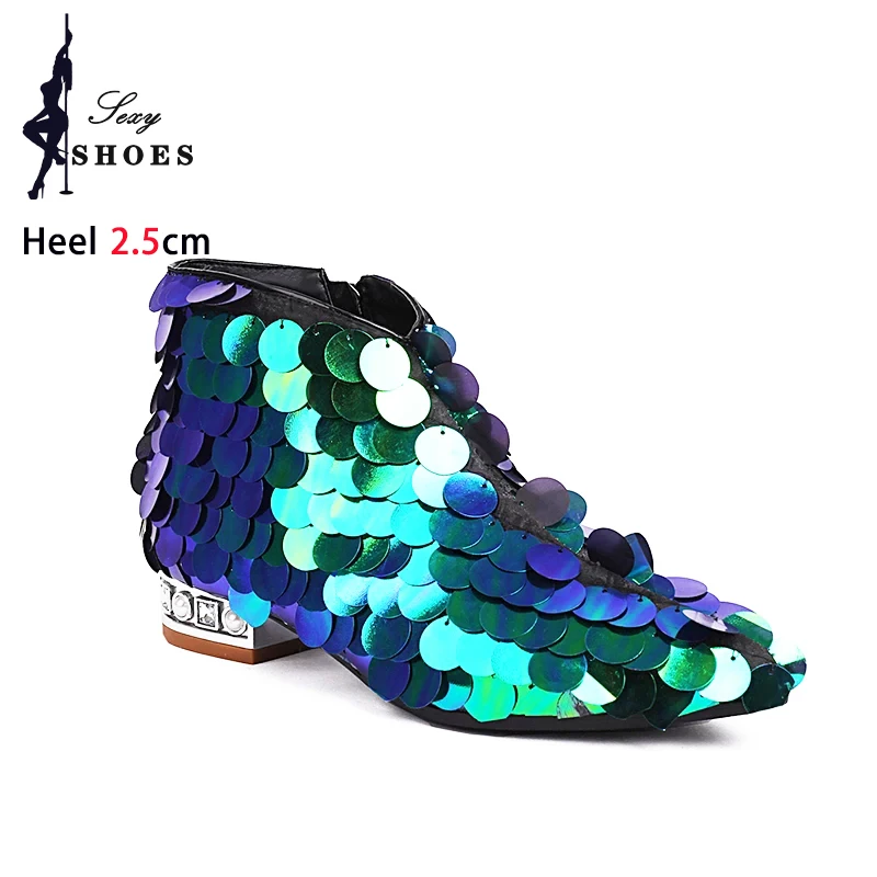 Женские ботильоны на низком каблуке женские блестящие Ботинки с блестками и