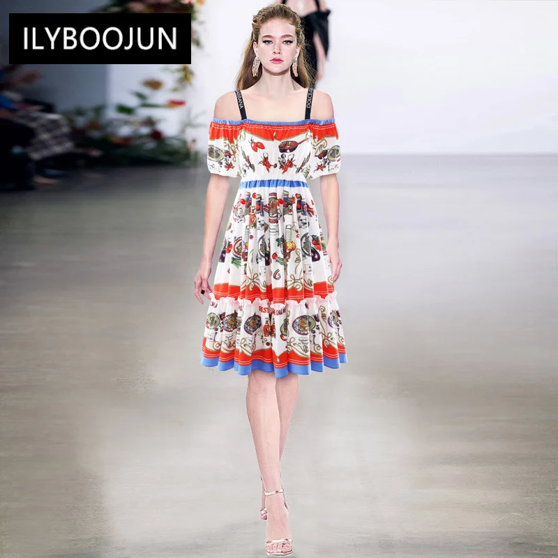 

Женское дизайнерское платье до колен, винтажное праздничное платье на бретелях-спагетти с пышными рукавами и принтом еды для отпуска, 1 зака...