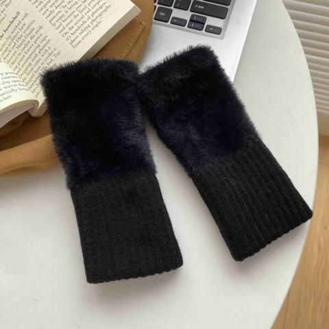 Женские перчатки из мягкой норки со средним пальцем, однотонные черные плюшевые вязаные перчатки на запястье, роскошные теплые перчатки без пальцев, зимние