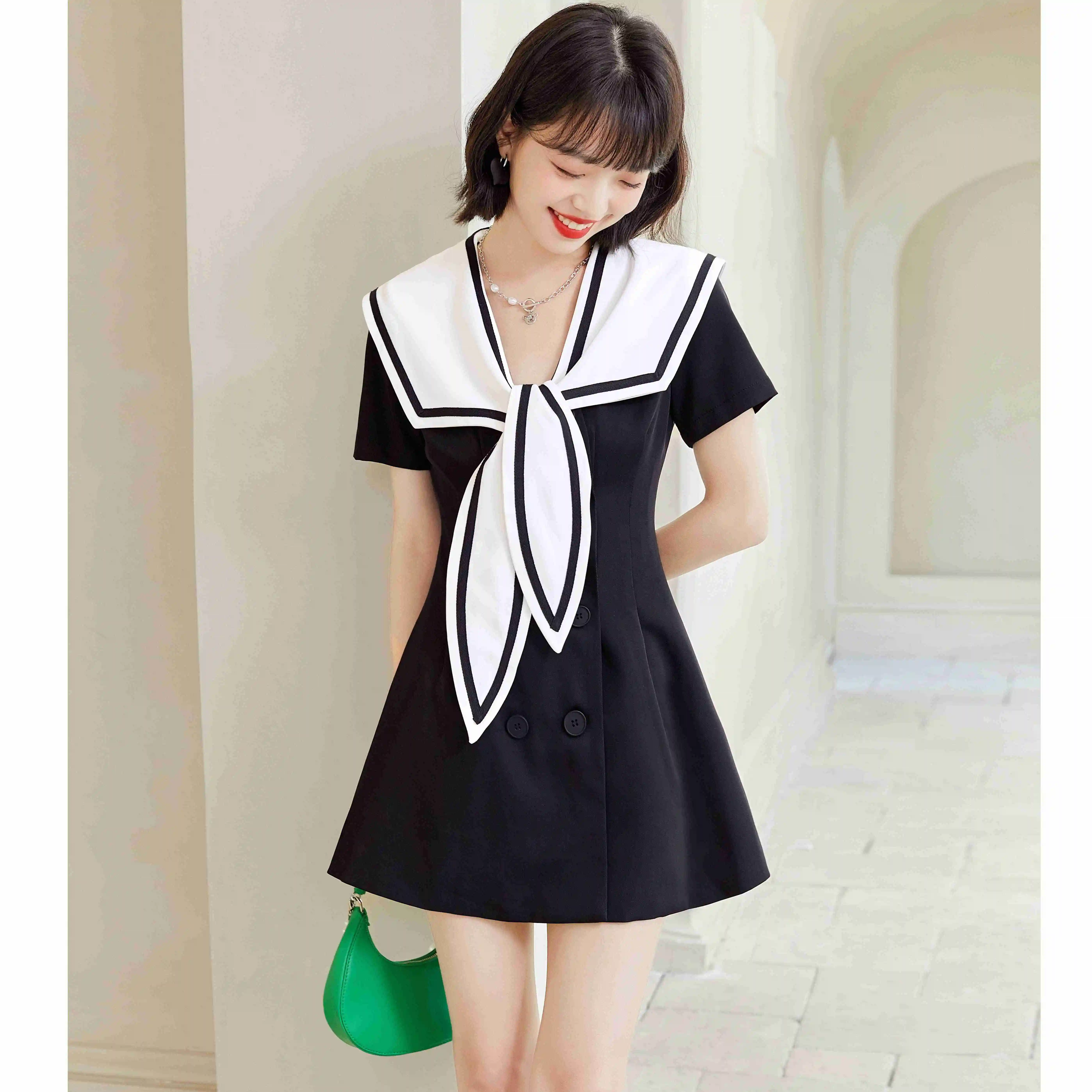 

COIGARSAM Women's Fashion Dresses 2022 New Short Sleeve Double Breasted Black Dress Dropshipping