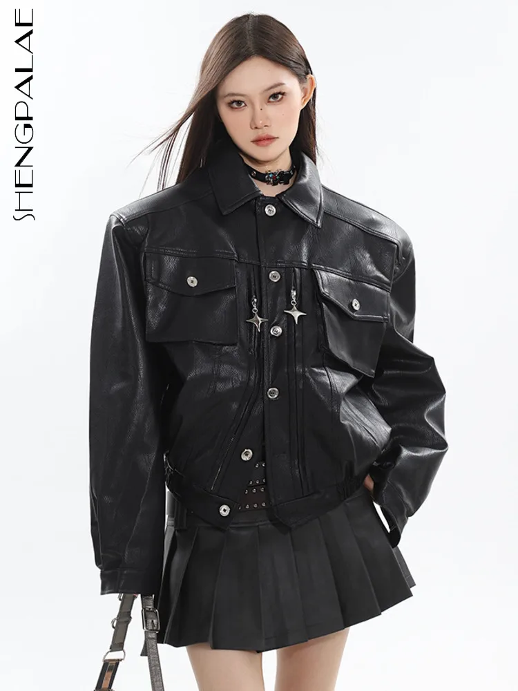 

SHENGPALAE Winter Short Pu Leather Jacket For Women Double Zipper Design Shoulder Pad Vintage Fashion Lapel Coat 2023 New 5R5035